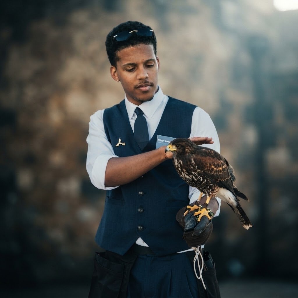 Diogo Saraiva, da Falco Lux, com águia de Harris