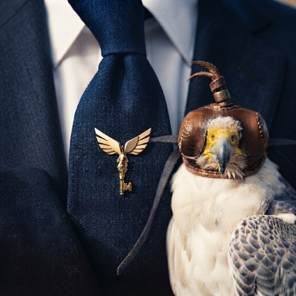 Falcão com capuz de falcoaria e técnico de uniforme concierge, para controlo de aves em hotelaria